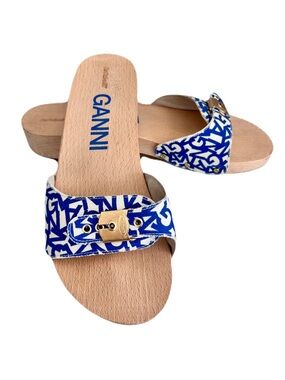 Ganni x Dr. Scholl’s Blue and White Logo Original Wooden Clog Sandals, Size 11